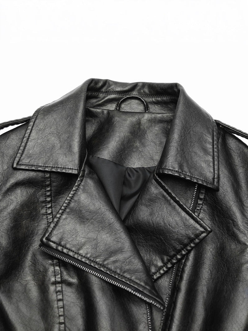 Womens PU Motorcycle Leather Jacket with Lapel Collar