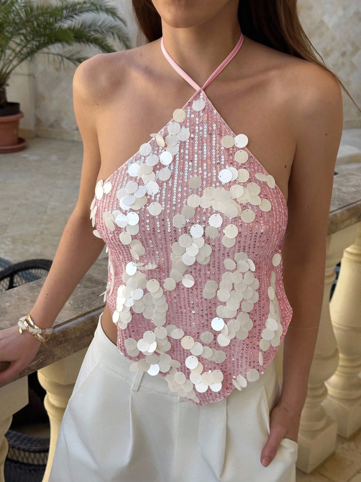 Sequined Halter Neck Tank Top