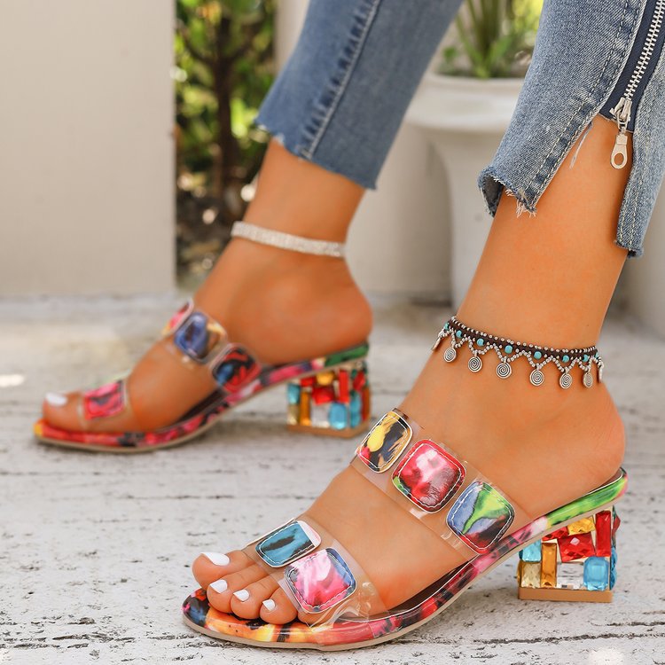 Rhinestone Platform Sandals with Thick Heel