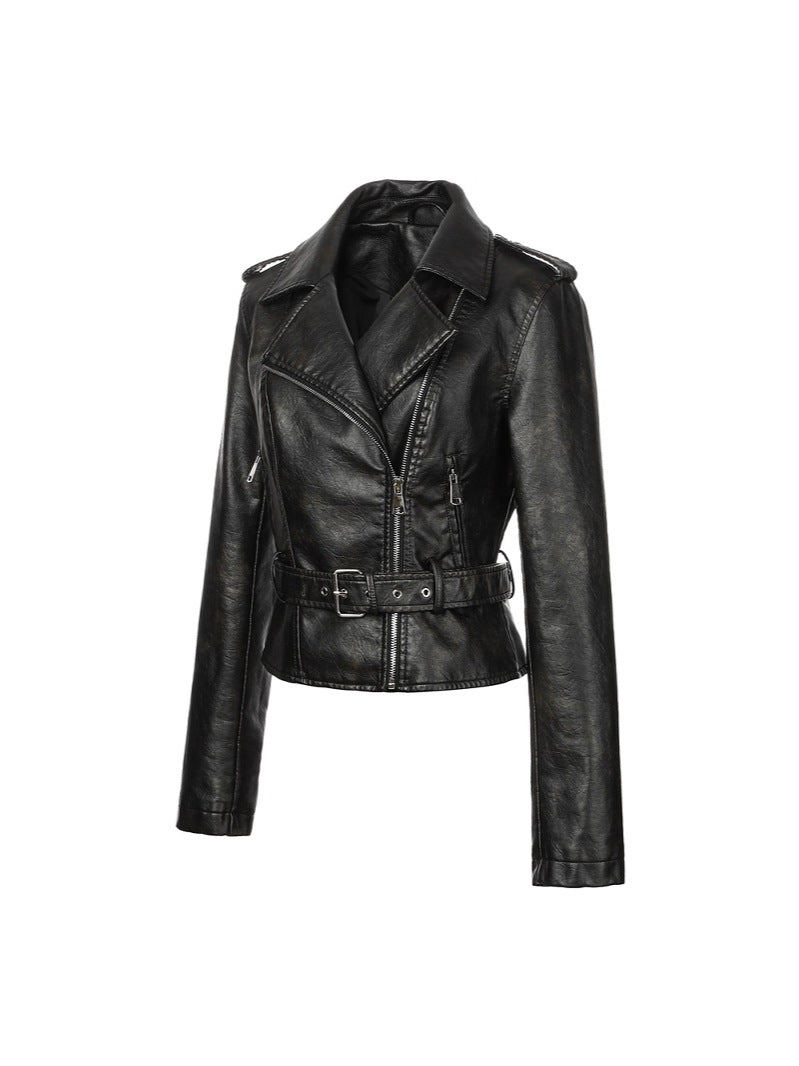 Womens PU Motorcycle Leather Jacket with Lapel Collar