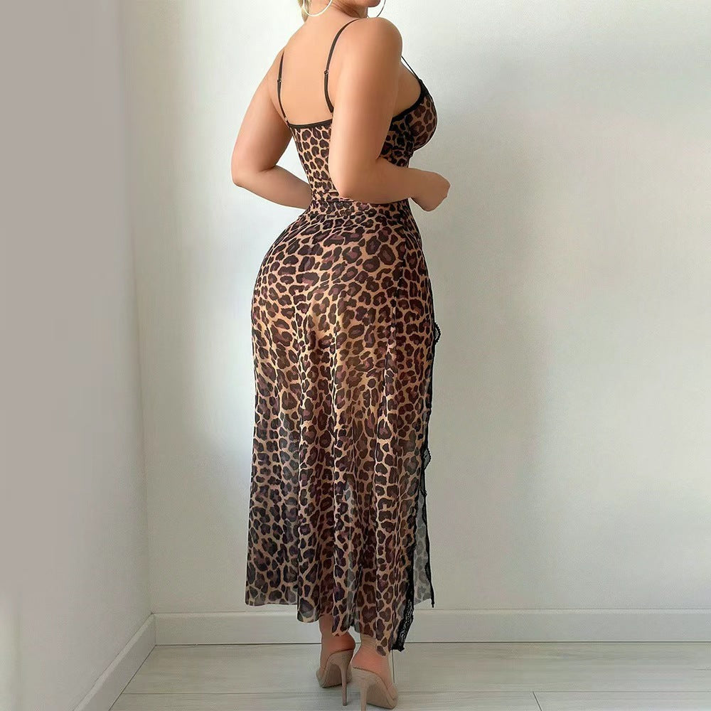 Sexy Leopard Print Sheer Suspender Pajamas Set with Thong