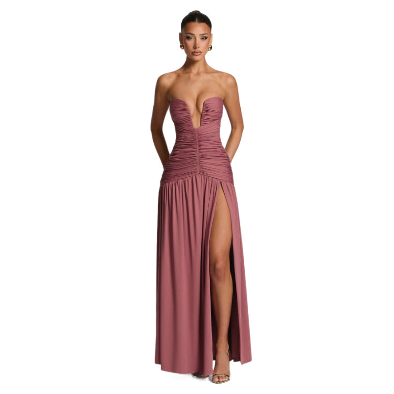Strapless Ruched High Slit Draped Gown