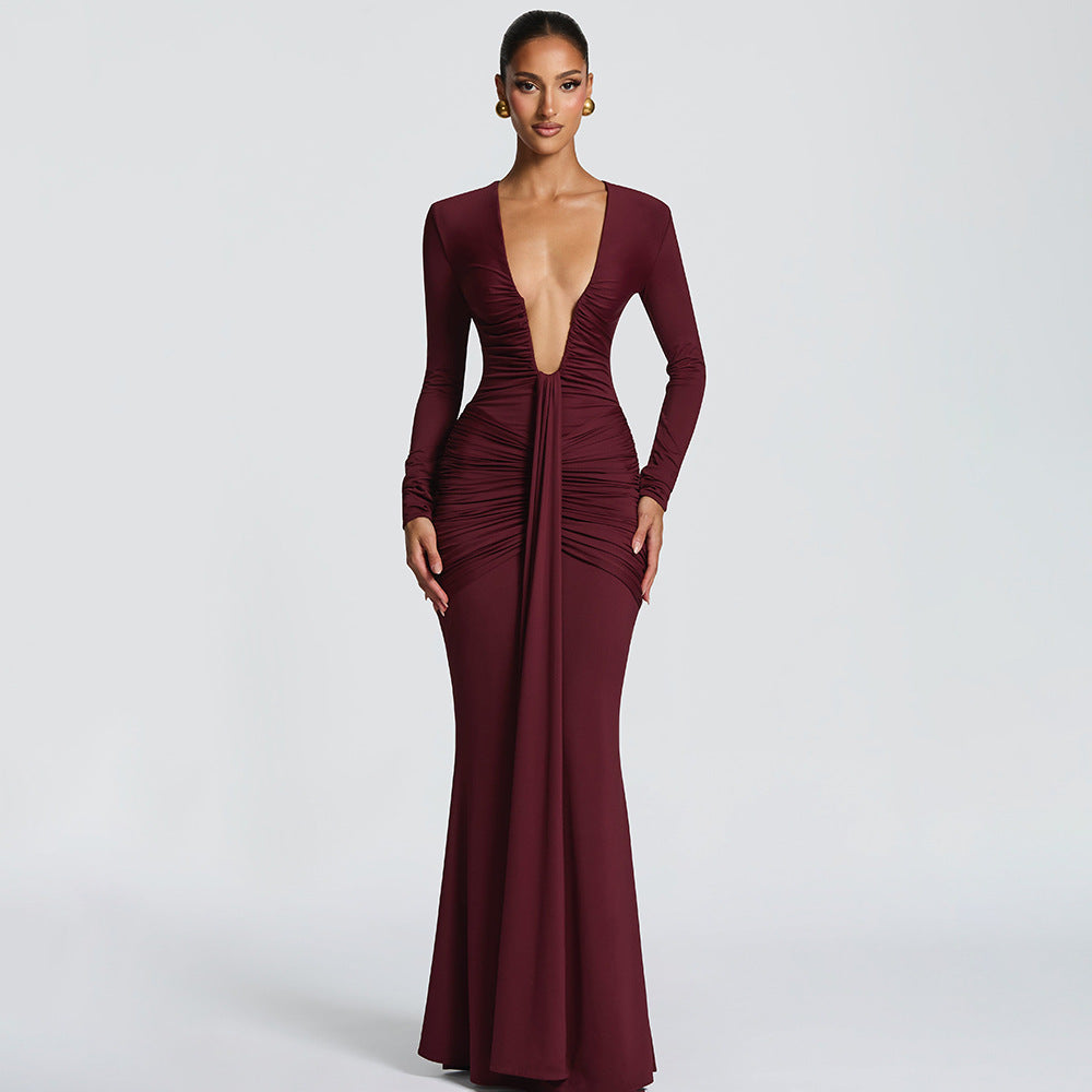 Elegant Women Deep V-Neck Waist-Cinching Mermaid Dress