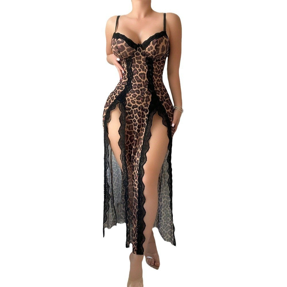 Sexy Leopard Print Sheer Suspender Pajamas Set with Thong