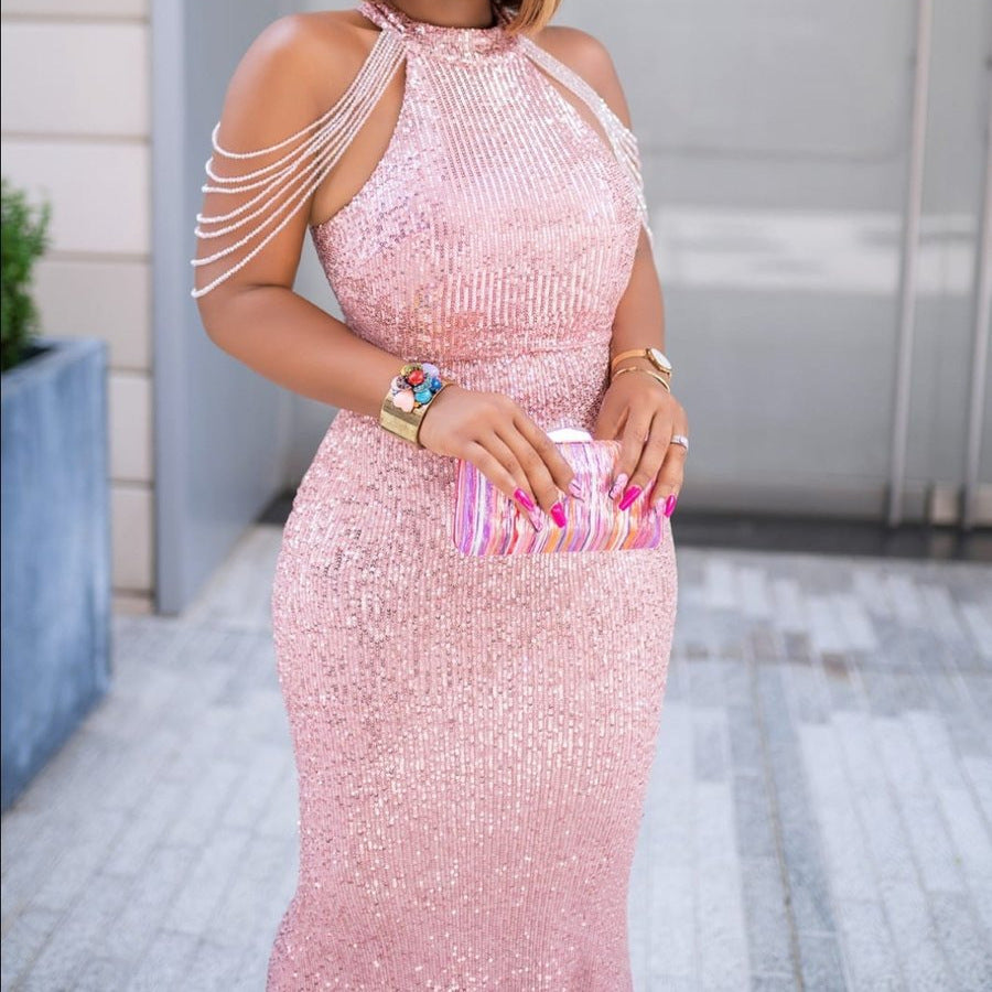 Sequin Bodycon Dress Sleeveless Round Neck Long Dress