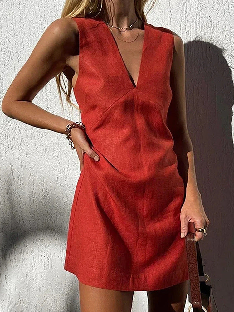 V-neck Cotton Linen Sleeveless Dress