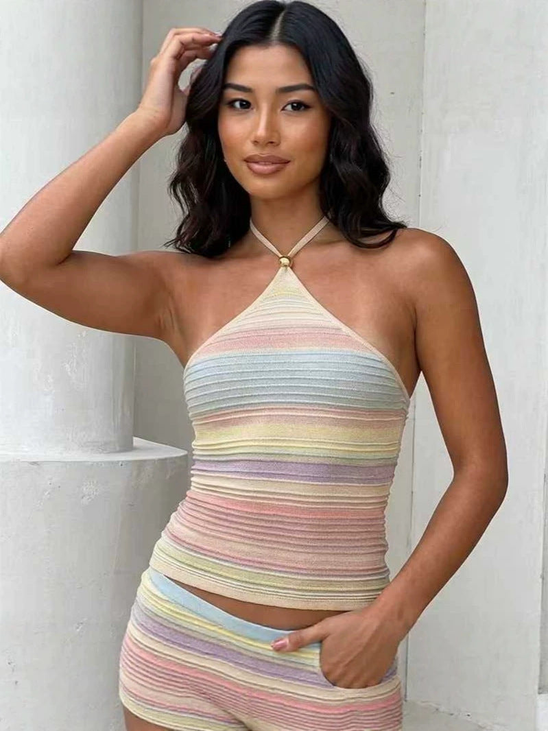 Striped Halter Neck Beaded Tank Top