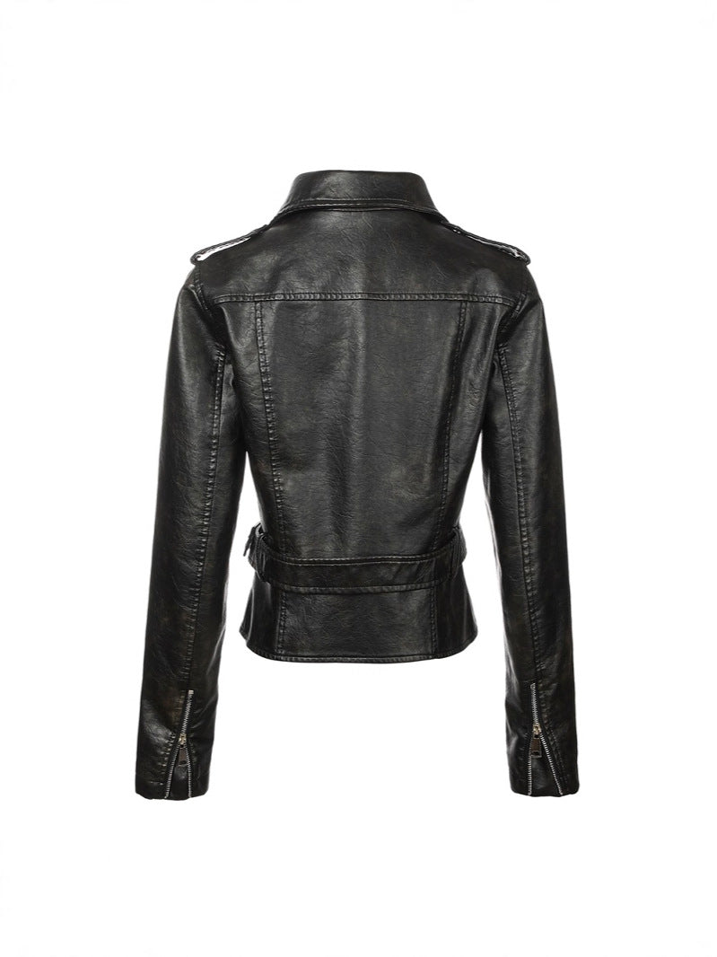 Womens PU Motorcycle Leather Jacket with Lapel Collar