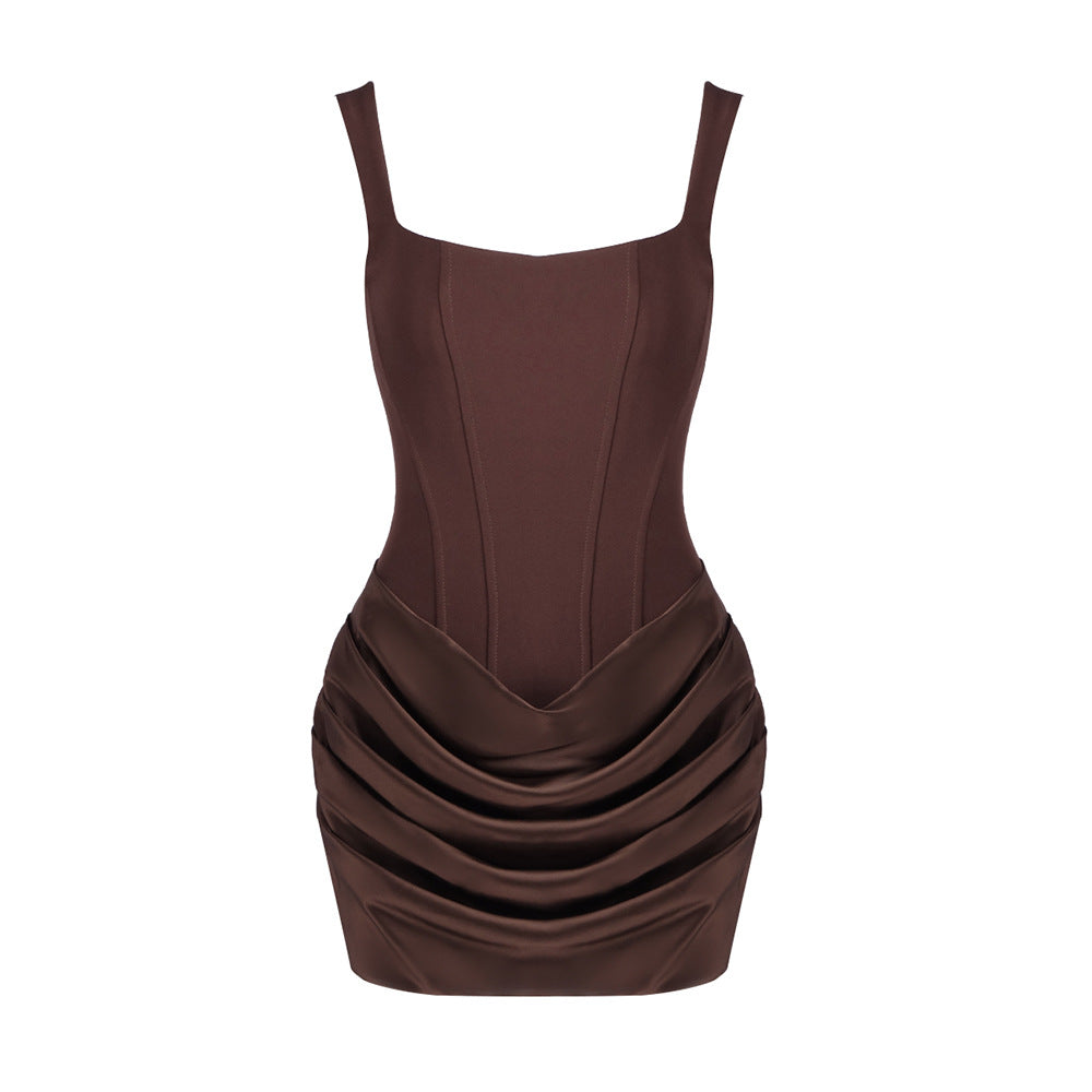 Square Neck Spaghetti Strap Pleated Dress