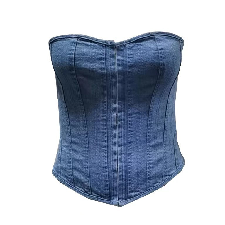 Denim One Shoulder Corset Vest with Eyelet Lace Up