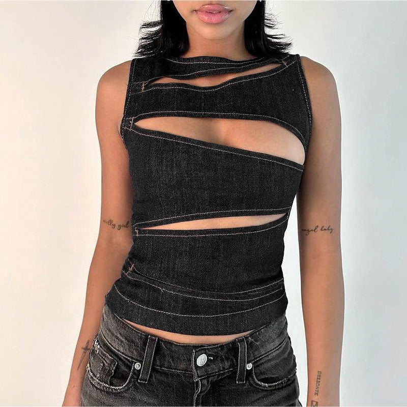 Womens Hollow Out Denim Vest