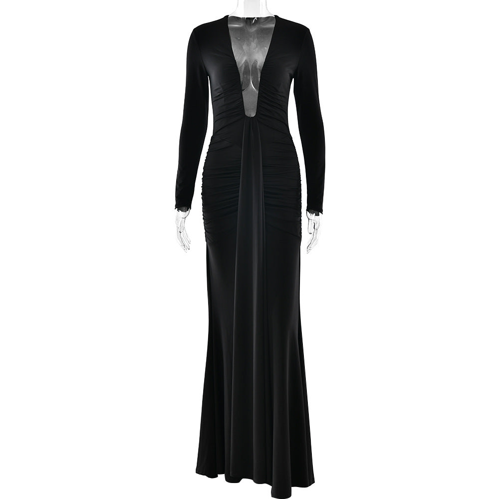 Elegant Women Deep V-Neck Waist-Cinching Mermaid Dress