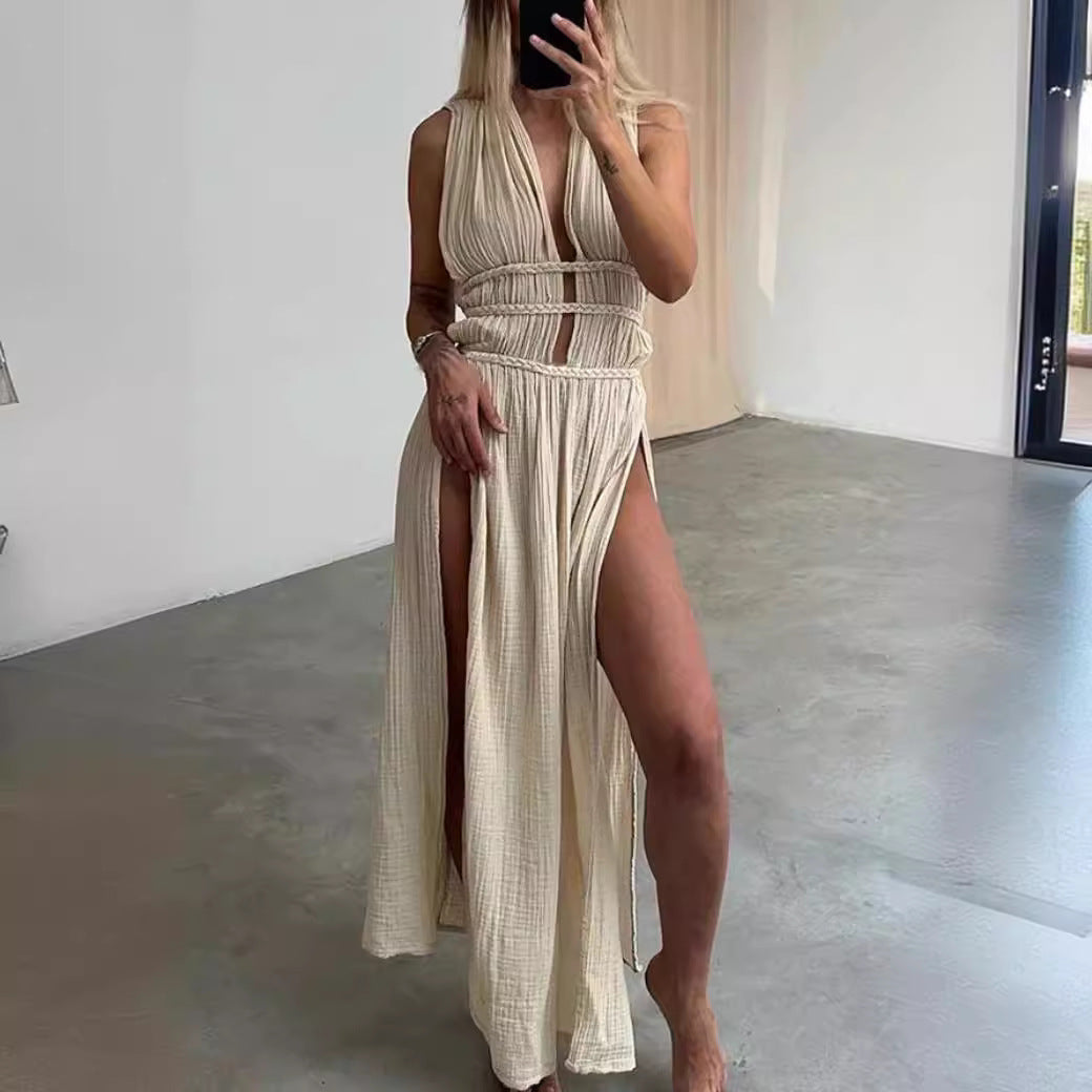 Sleeveless Braid Belt Cut Out Slit Long Skirt