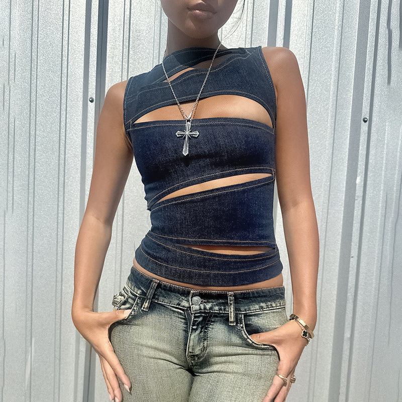 Womens Hollow Out Denim Vest