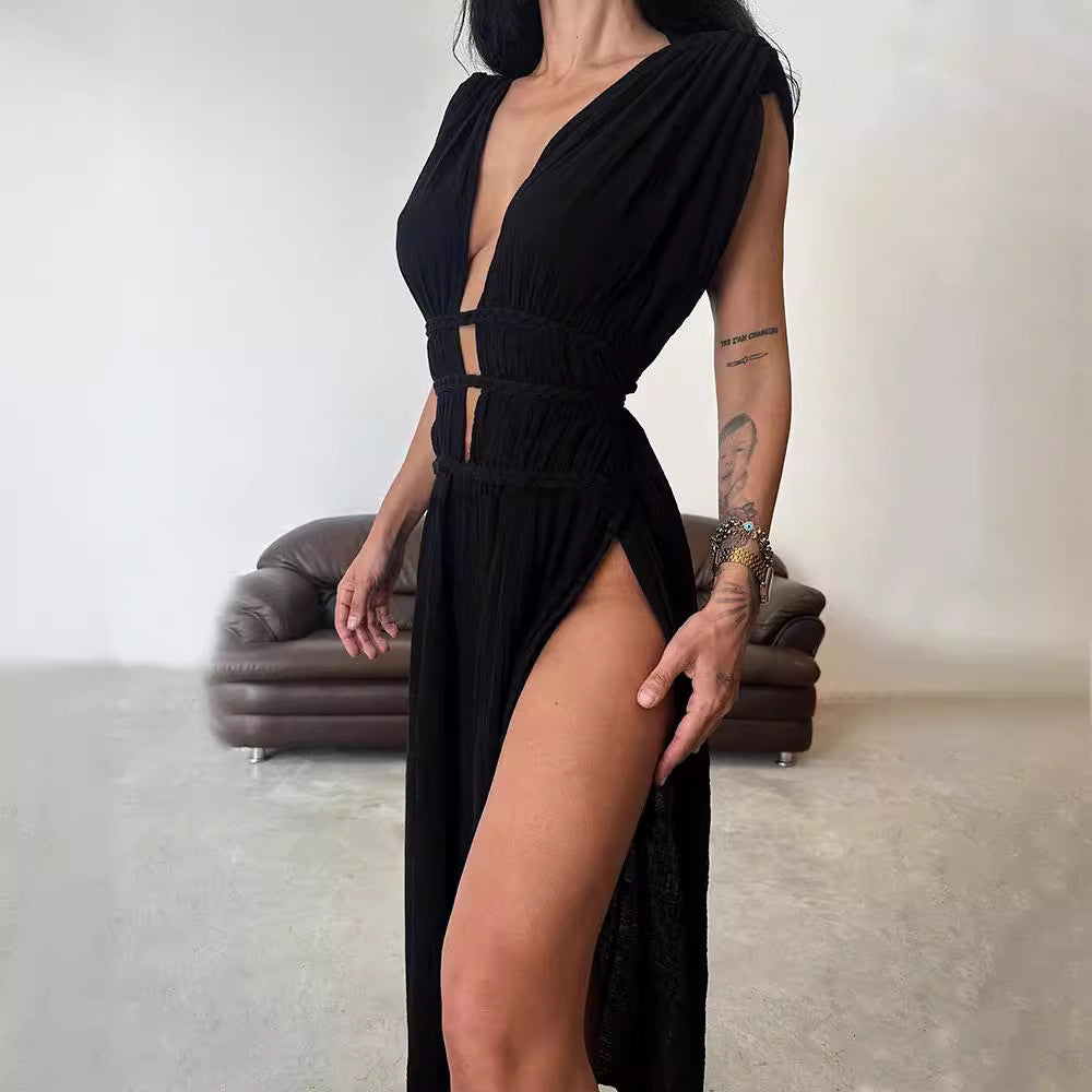 Sleeveless Braid Belt Cut Out Slit Long Skirt