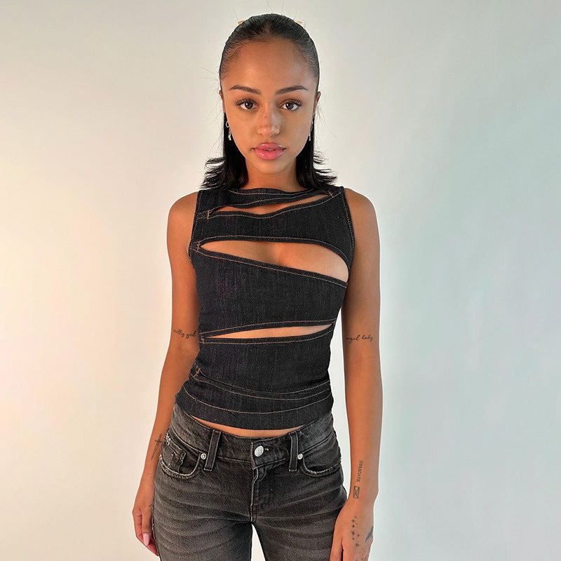 Womens Hollow Out Denim Vest