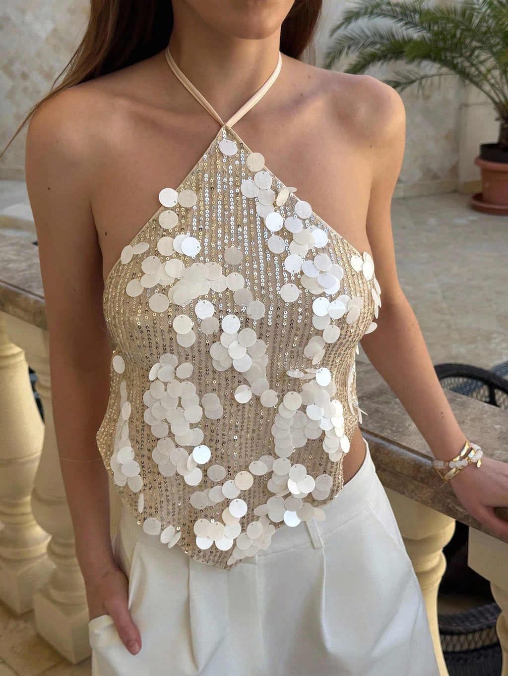 Sequined Halter Neck Tank Top