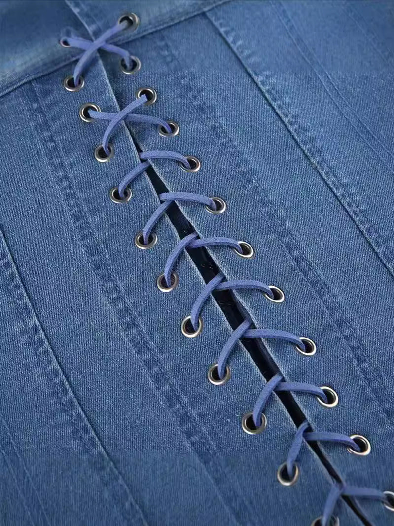 Denim One Shoulder Corset Vest with Eyelet Lace Up