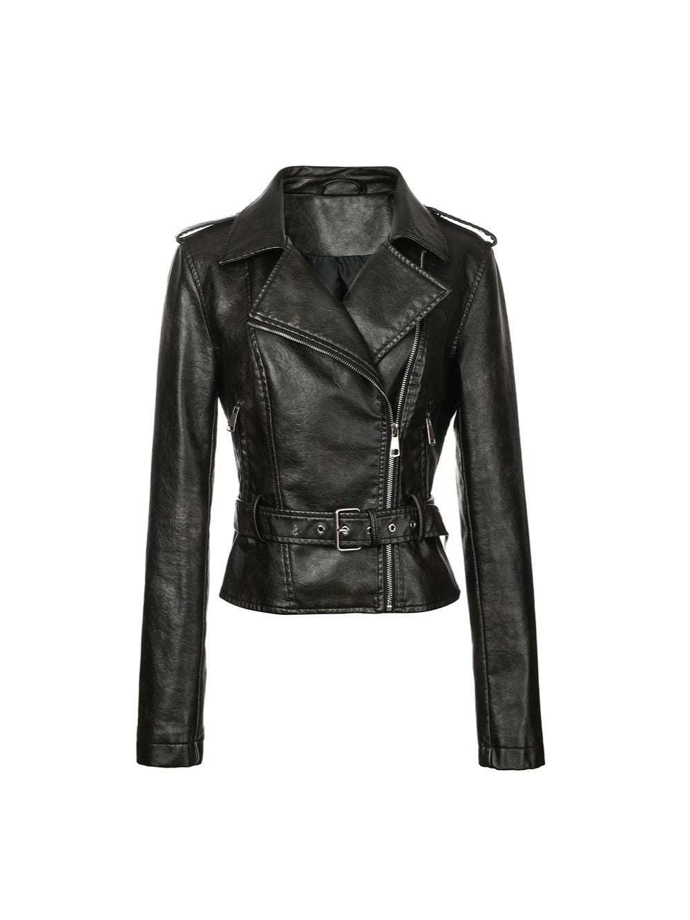 Womens PU Motorcycle Leather Jacket with Lapel Collar