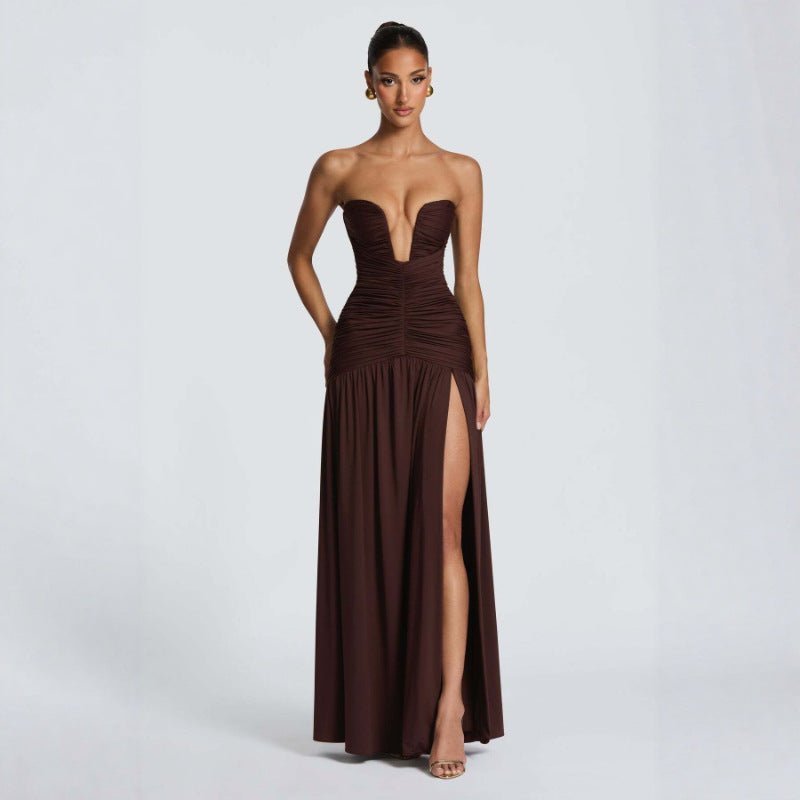 Strapless Ruched High Slit Draped Gown