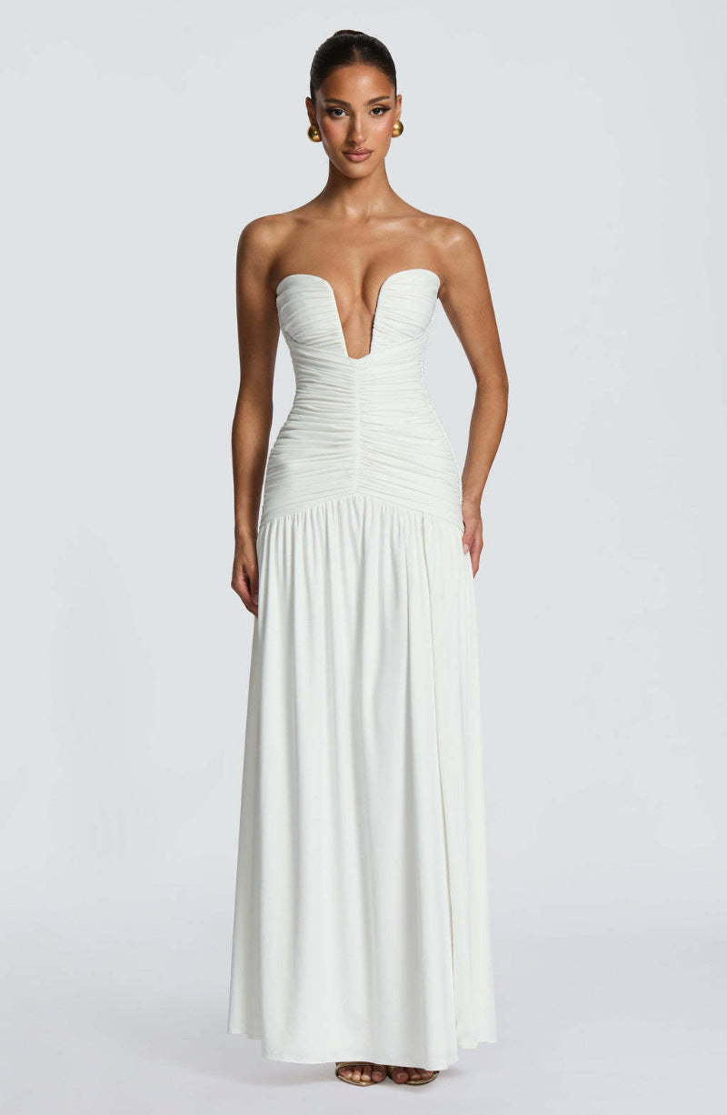Strapless Ruched High Slit Draped Gown