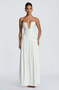 Strapless Ruched High Slit Draped Gown