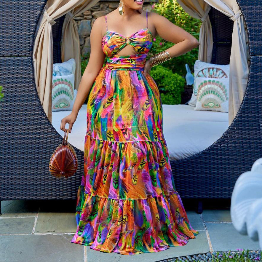 Floral Print Strap Backless Long Dress