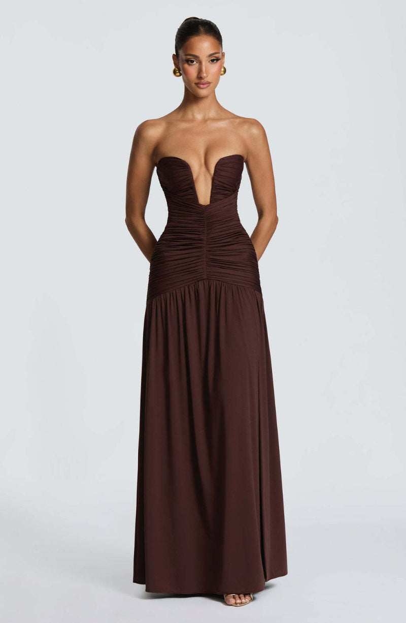 Strapless Ruched High Slit Draped Gown