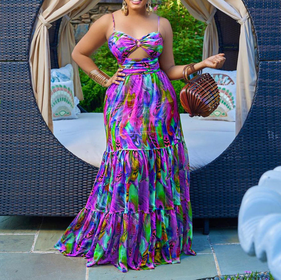 Floral Print Strap Backless Long Dress