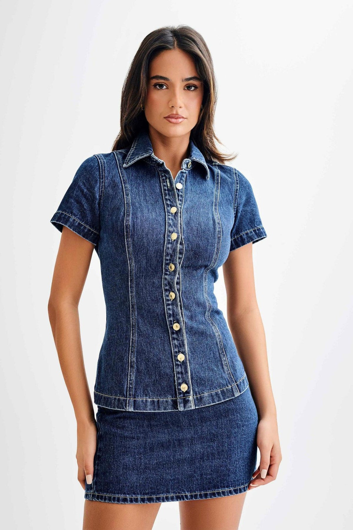 Womens Denim Button-Down Lapel Top and Skirt Set