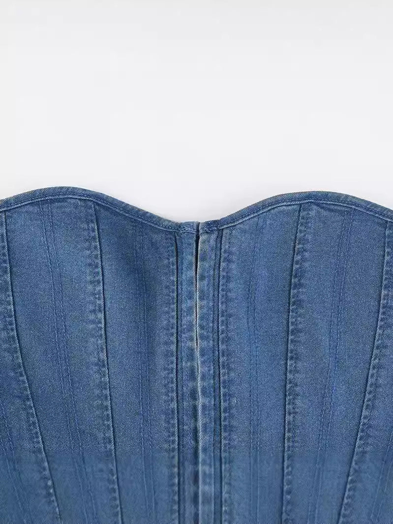 Denim One Shoulder Corset Vest with Eyelet Lace Up