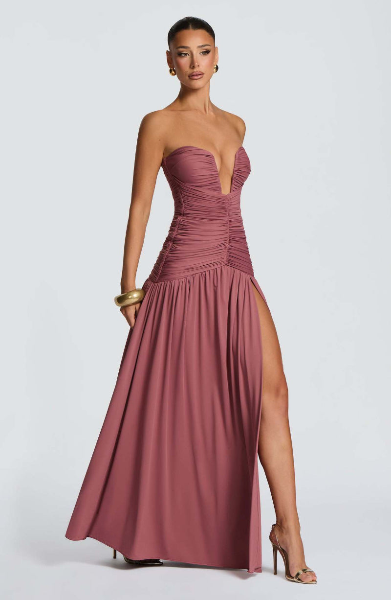 Strapless Ruched High Slit Draped Gown