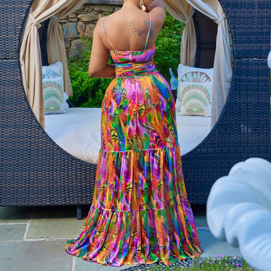 Floral Print Strap Backless Long Dress