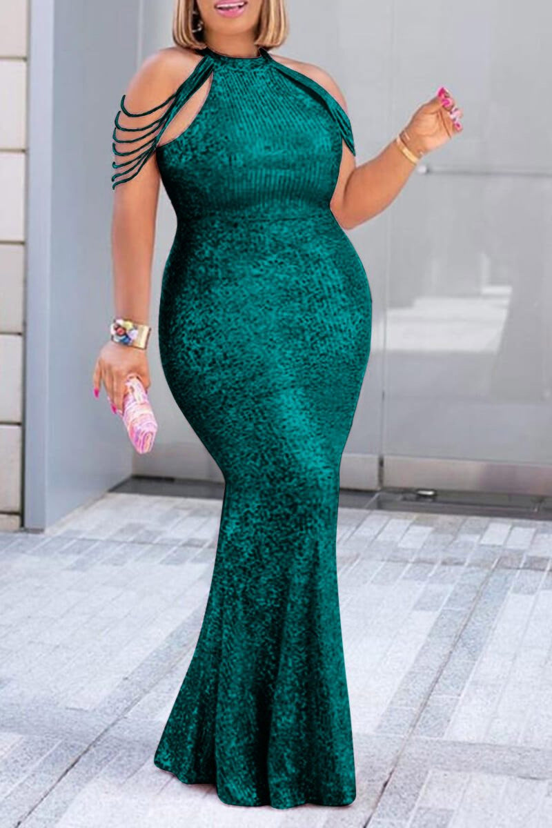 Sequin Bodycon Dress Sleeveless Round Neck Long Dress