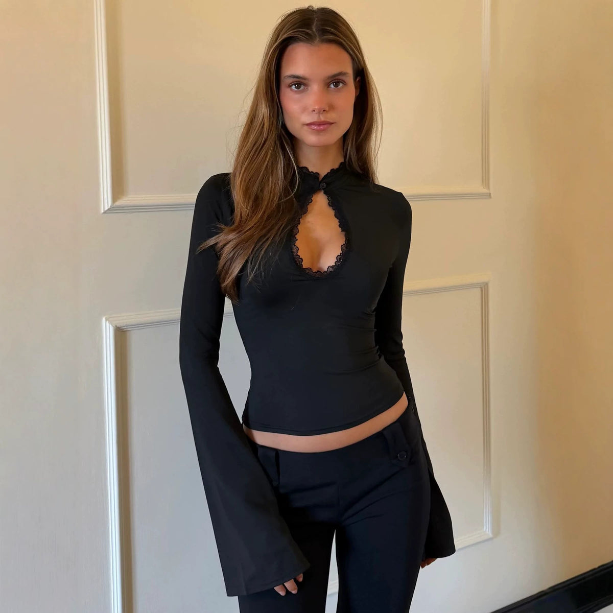 Lace Trim Bell Sleeve Top
