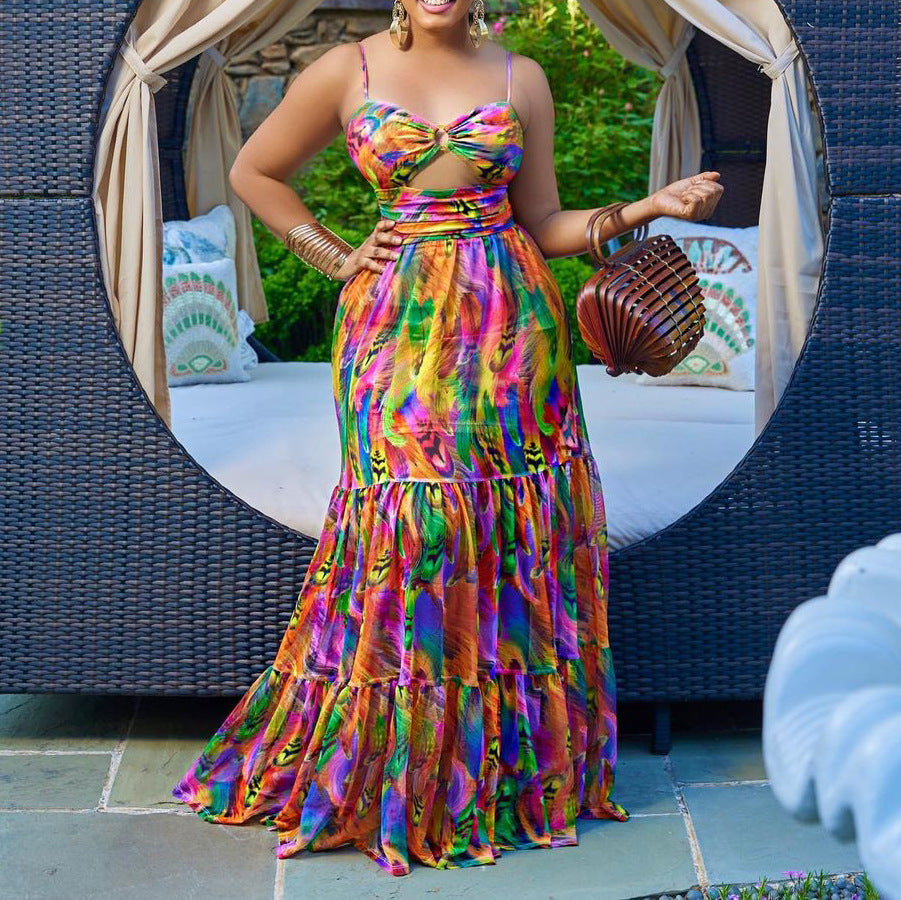 Floral Print Strap Backless Long Dress