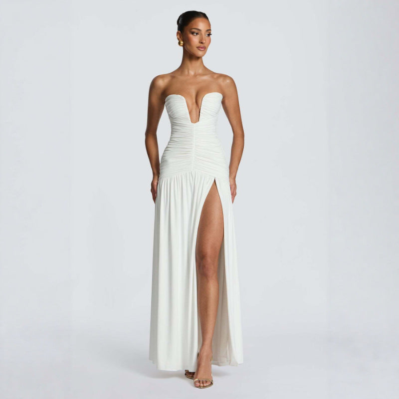 Strapless Ruched High Slit Draped Gown