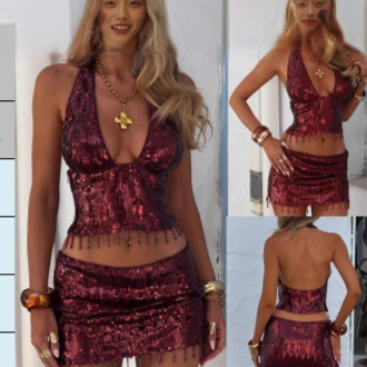 Sequin Suspender Skirt Suit