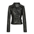 Womens PU Motorcycle Leather Jacket with Lapel Collar