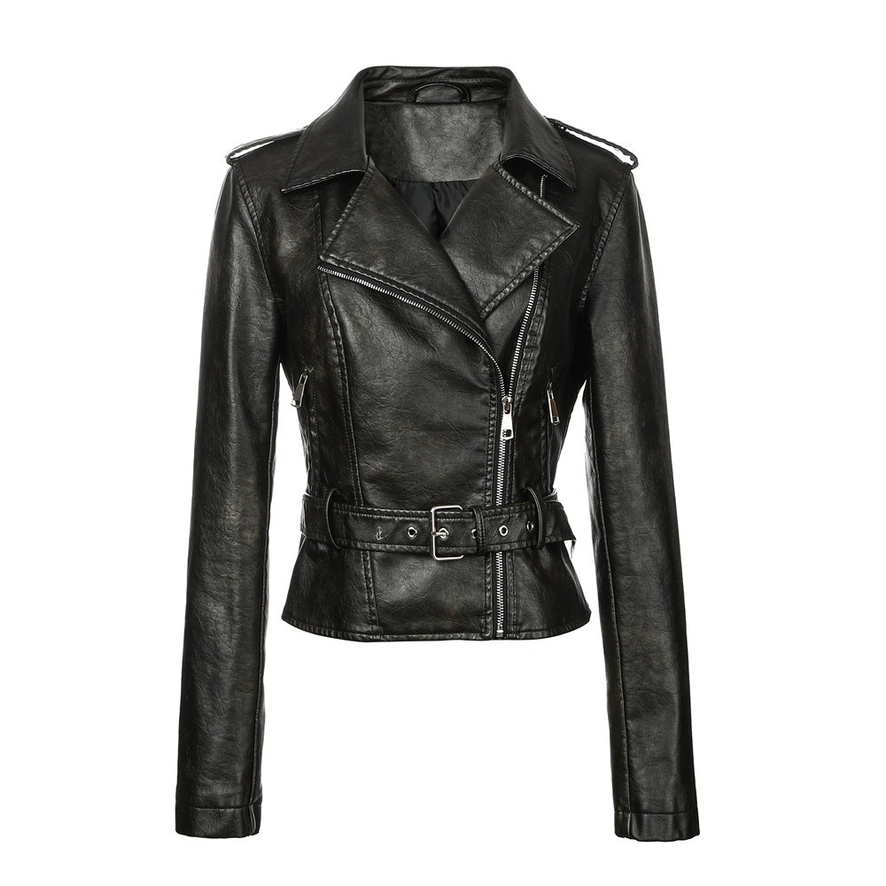 Womens PU Motorcycle Leather Jacket with Lapel Collar
