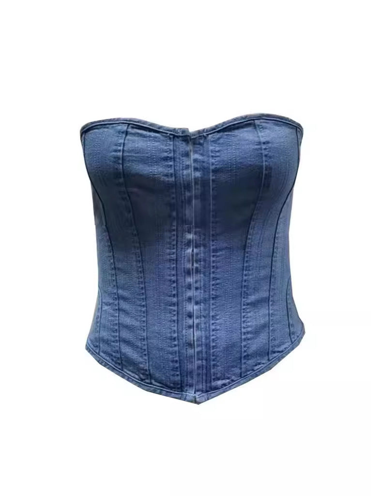 Denim One Shoulder Corset Vest with Eyelet Lace Up