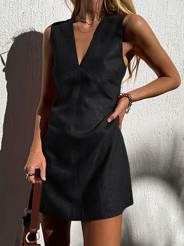 V-neck Cotton Linen Sleeveless Dress