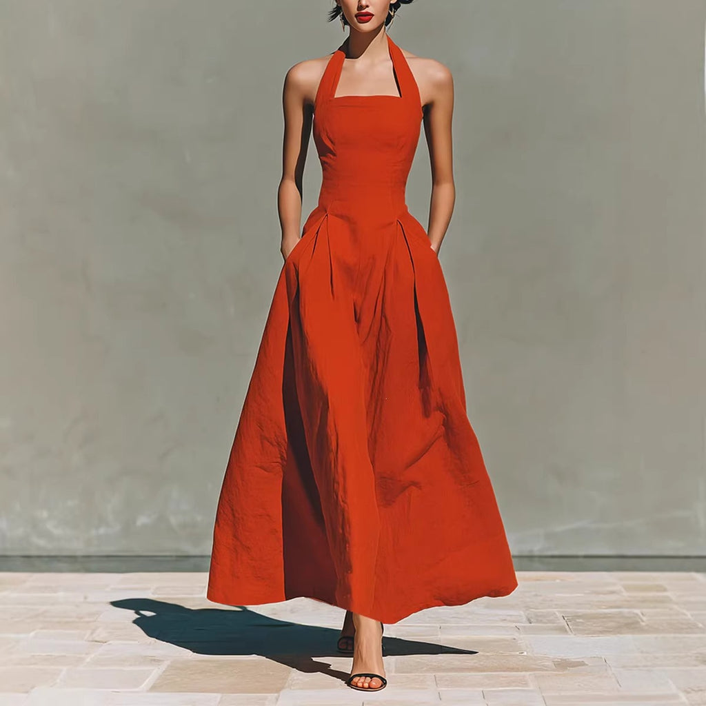 Faux Linen Casual Fashion Slim Fit Pocket Women's Dress