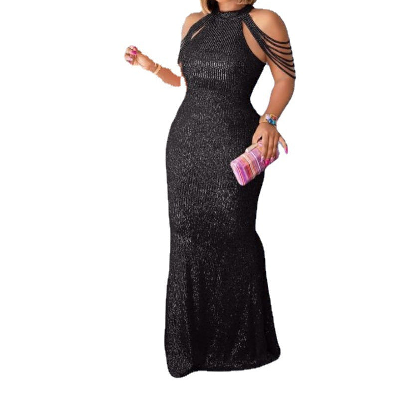 Sequin Bodycon Dress Sleeveless Round Neck Long Dress